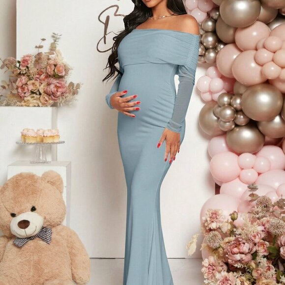 Baby Blue Elegant Women's Maternity Foldover Off Shoulder Mermaid Hem Dress - Picture 6 of 7